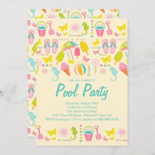 それは夏のビーチのプールのパーティの招待状です 招待状 (正面/裏面)