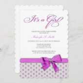 それは女の子です! エレガントなピンクおよび灰色の水玉模様 招待状 (正面/裏面)