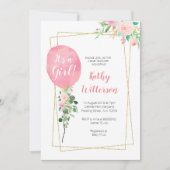 それは女の子のピンクのブランデーグラスのベビーシャワーです 招待状 (正面)