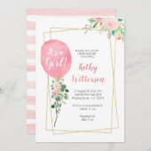 それは女の子のピンクのブランデーグラスのベビーシャワーです 招待状 (正面/裏面)