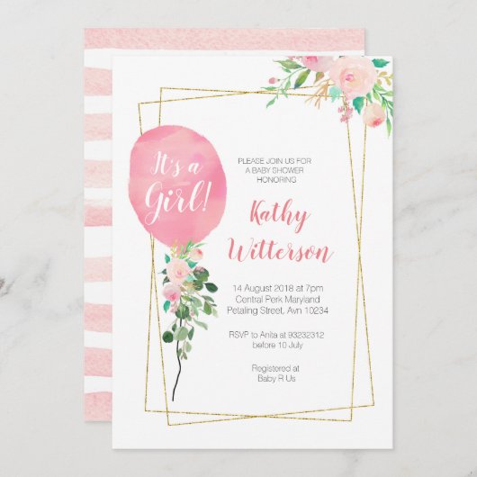 それは女の子のピンクのブランデーグラスのベビーシャワーです 招待状 (正面/裏面)