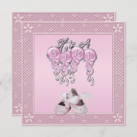 それは女の子のピンクの靴及びベビーシャワーを風船のようにふくらませます 招待状 (正面/裏面)