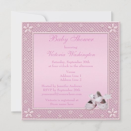 それは女の子のピンクの靴及びベビーシャワーを風船のようにふくらませます 招待状 (裏面)
