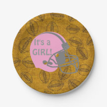 それは女の子のフットボールのテーマのベビーシャワーの紙皿です