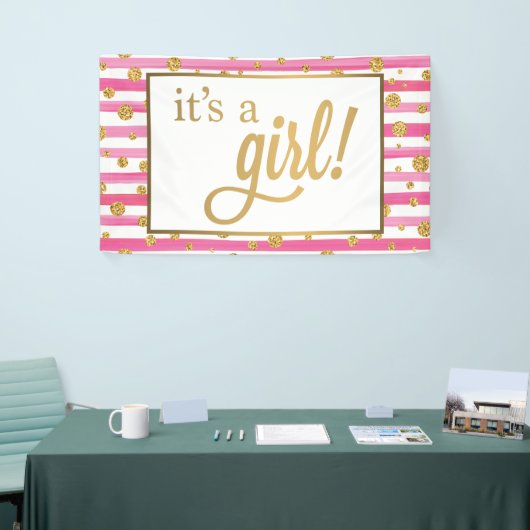 それは女の子の旗-新生児-ピンクおよび金ゴールドです 横断幕 (トレードショー)