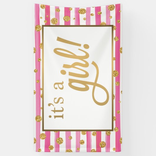 それは女の子の旗-新生児-ピンクおよび金ゴールドです 横断幕 (縦)