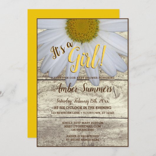 それは女の子の素朴な花のデイジーの庭のベビーシャワーです 招待状 (正面/裏面)