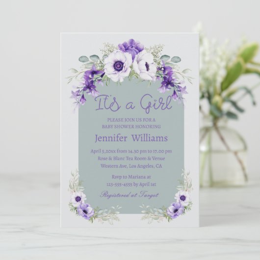 それは女の子の紫のフローラの赤ちゃんシャワー写真のアーチ 招待状 (スタンド正面)
