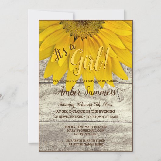 それは女の子の花のヒマワリの庭のベビーシャワーです 招待状 (正面)