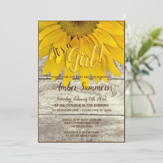 それは女の子の花のヒマワリの庭のベビーシャワーです 招待状 (スタンド正面)