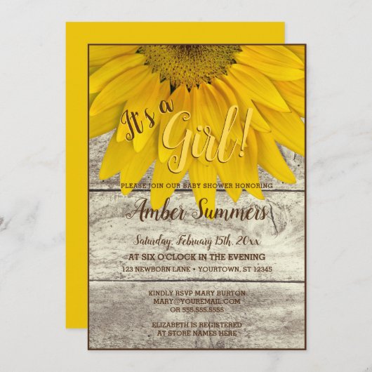 それは女の子の花のヒマワリの庭のベビーシャワーです 招待状 (正面/裏面)