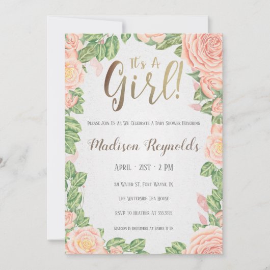 それは女の子の花のベビーシャワーの招待状の暗闇です 招待状 (正面)