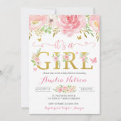 それは女の子の花の蝶ベビーシャワーの招待です 招待状 (正面)