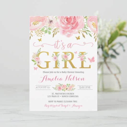 それは女の子の花の蝶ベビーシャワーの招待です 招待状 (スタンド正面)