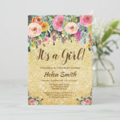 それは女の子の花の金ゴールドのグリッターのベビーシャワーです 招待状 (スタンド正面)