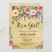 それは女の子の花の金ゴールドのグリッターのベビーシャワーです 招待状 (正面/裏面)