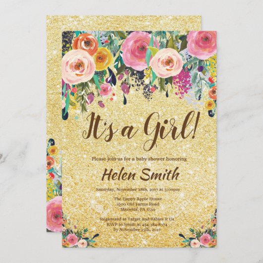 それは女の子の花の金ゴールドのグリッターのベビーシャワーです 招待状 (正面/裏面)