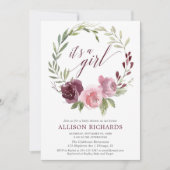 それは女の子の赤面のピンクのバーガンディの花のベビーシャワーです 招待状 (正面)