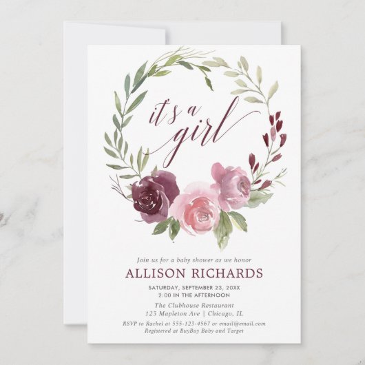 それは女の子の赤面のピンクのバーガンディの花のベビーシャワーです 招待状 (正面)
