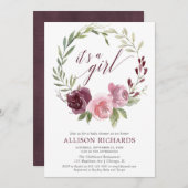 それは女の子の赤面のピンクのバーガンディの花のベビーシャワーです 招待状 (正面/裏面)