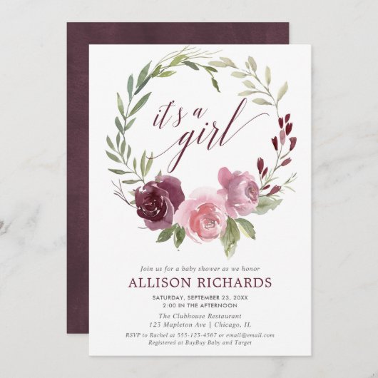 それは女の子の赤面のピンクのバーガンディの花のベビーシャワーです 招待状 (正面/裏面)