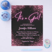 それは女の子、ピンクのネオンのシックな赤ちゃんシャワーの招待だ チラシ (シングル)