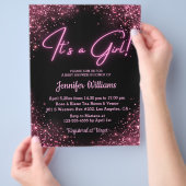 それは女の子、ピンクのネオンのシックな赤ちゃんシャワーの招待だ チラシ (手)