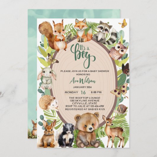 それは少年の森林動物の森の赤ちゃんシャワーである 招待状 (正面/裏面)