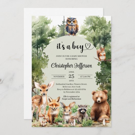 それは少年の素朴な森林動物の赤ちゃんシャワーだ 招待状 (正面/裏面)