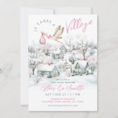 それは村のコウノトリ冬の女の子の赤ちゃんシャワーを取る 招待状 (正面)