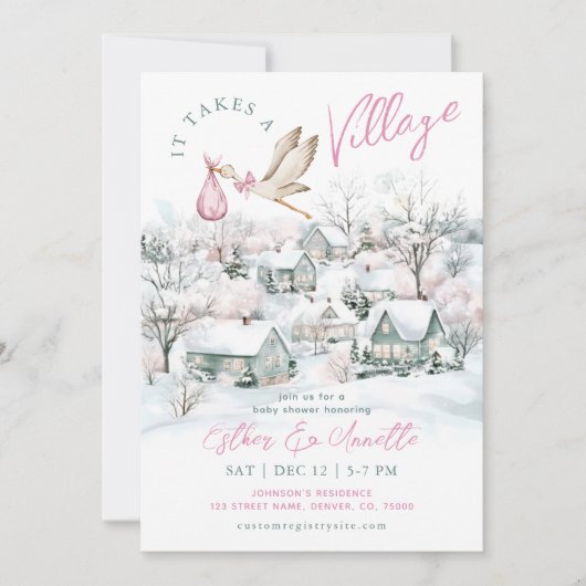 それは村のコウノトリ冬の女の子の赤ちゃんシャワーを取る 招待状 (正面)
