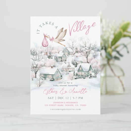 それは村のコウノトリ冬の女の子の赤ちゃんシャワーを取る 招待状 (スタンド正面)