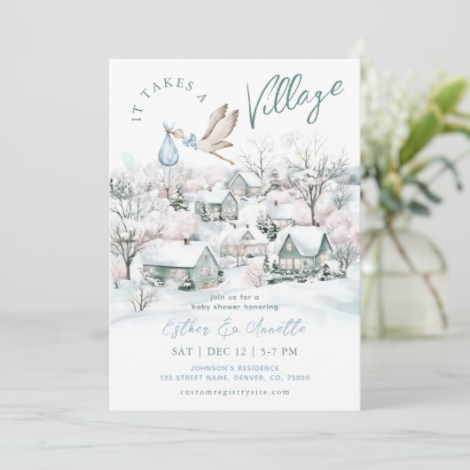 それは村のコウノトリ冬の少年の赤ちゃんシャワーを取る 招待状 (スタンド正面)