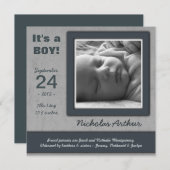 それは男の子です! 青く生まれたばかりのなベビーの誕生の発表 案内状 (正面/裏面)