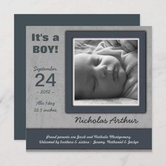 それは男の子です! 青く生まれたばかりのなベビーの誕生の発表 案内状 (正面/裏面)