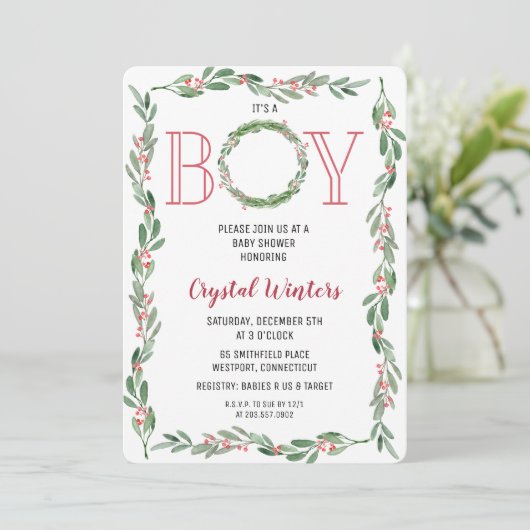 それは男の子のクリスマスのリースのベビーシャワーの招待状です 招待状 (スタンド正面)