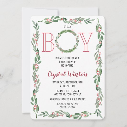 それは男の子のクリスマスのリースのベビーシャワーの招待状です 招待状 (正面)