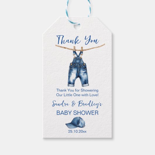 それは男の子のブルージーンズの赤ちゃんシャワーの好意である ギフトタグ (正面)