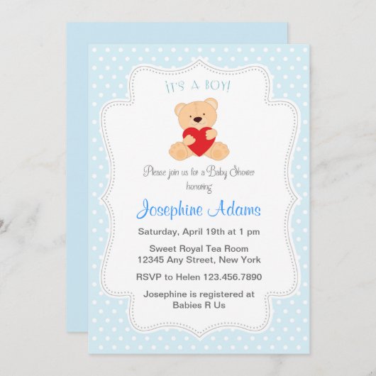 それは男の子のベビーシャワーの招待状の青です 招待状 (正面/裏面)