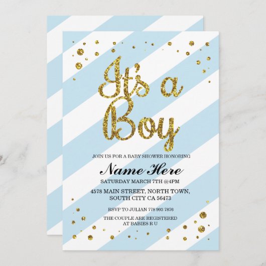 それは男の子のベビーシャワーの青い縞の金ゴールドの招待です 招待状 (正面/裏面)