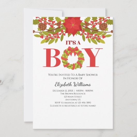 それは男の子のポインセチアのクリスマスベビーシャワー 招待状 (正面)