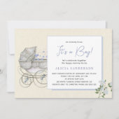 それは男の子のヴィンテージキャリッジベビーシャワーパーティーだ 招待状 (正面)