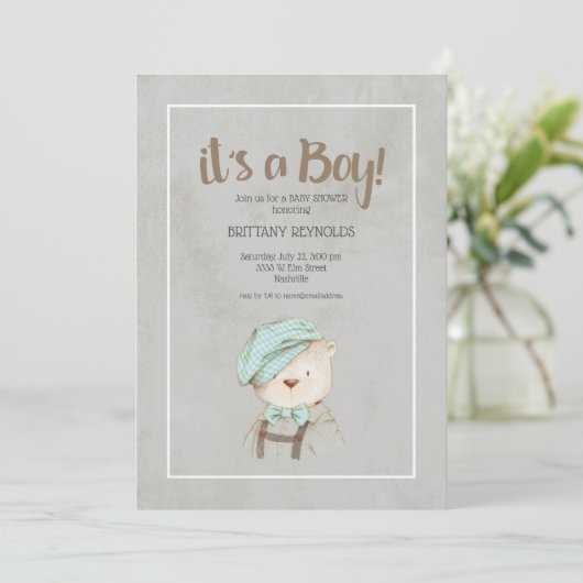 それは男の子のヴィンテージテディベア赤ちゃんシャワー 招待状 (スタンド正面)