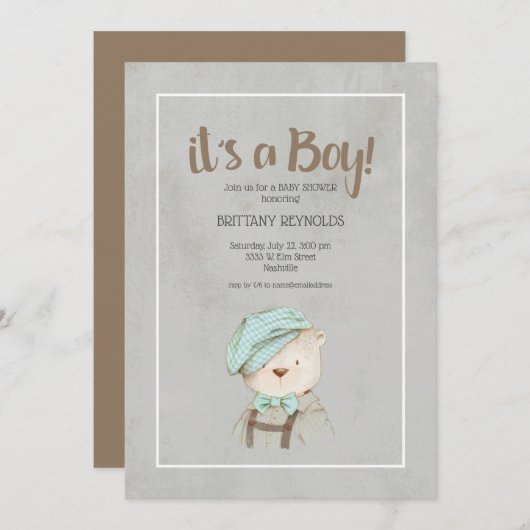 それは男の子のヴィンテージテディベア赤ちゃんシャワー 招待状 (正面/裏面)