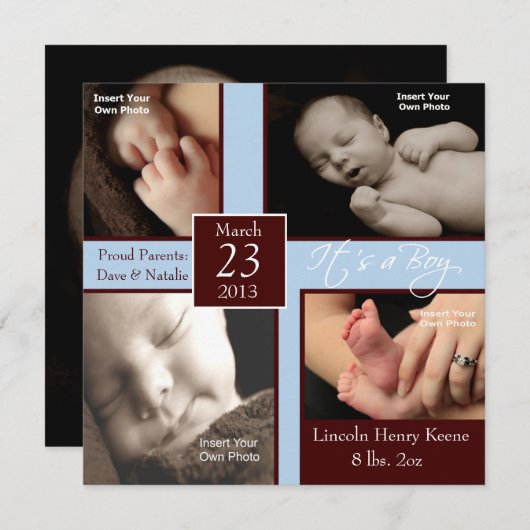 それは男の子の写真のコラージュの誕生の発表です 案内状 (正面/裏面)