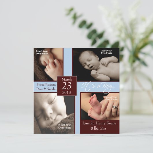 それは男の子の写真のコラージュの誕生の発表です 案内状 (スタンド正面)
