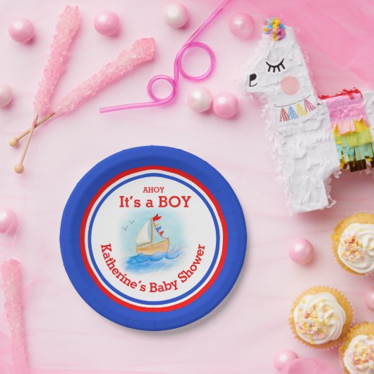 それは男の子の帆船の赤ちゃんシャワーカスタマイズプレートだ ペーパープレート (パーティー)