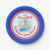 それは男の子の帆船の赤ちゃんシャワーカスタマイズプレートだ ペーパープレート (正面)