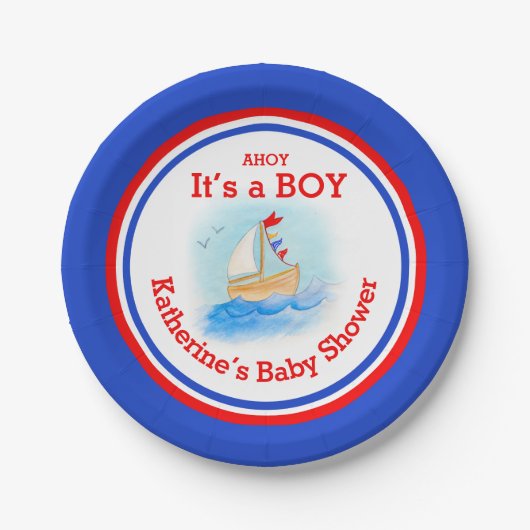 それは男の子の帆船の赤ちゃんシャワーカスタマイズプレートだ ペーパープレート (正面)