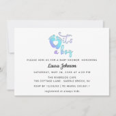 それは男の子の新生児シャワーブルーホワイトハート足 招待状 (正面)